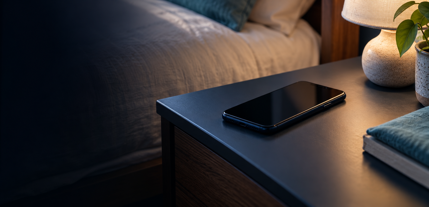 Phone resting on a bedside table