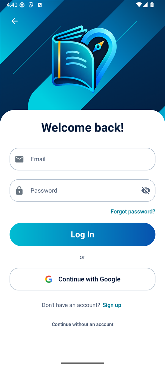 REMEGEO login screen with Google, email and an option to continue without an account