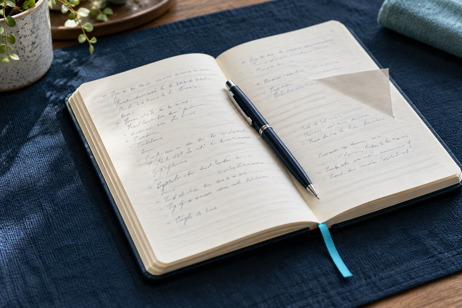 Open notebook with a pen and paper note
