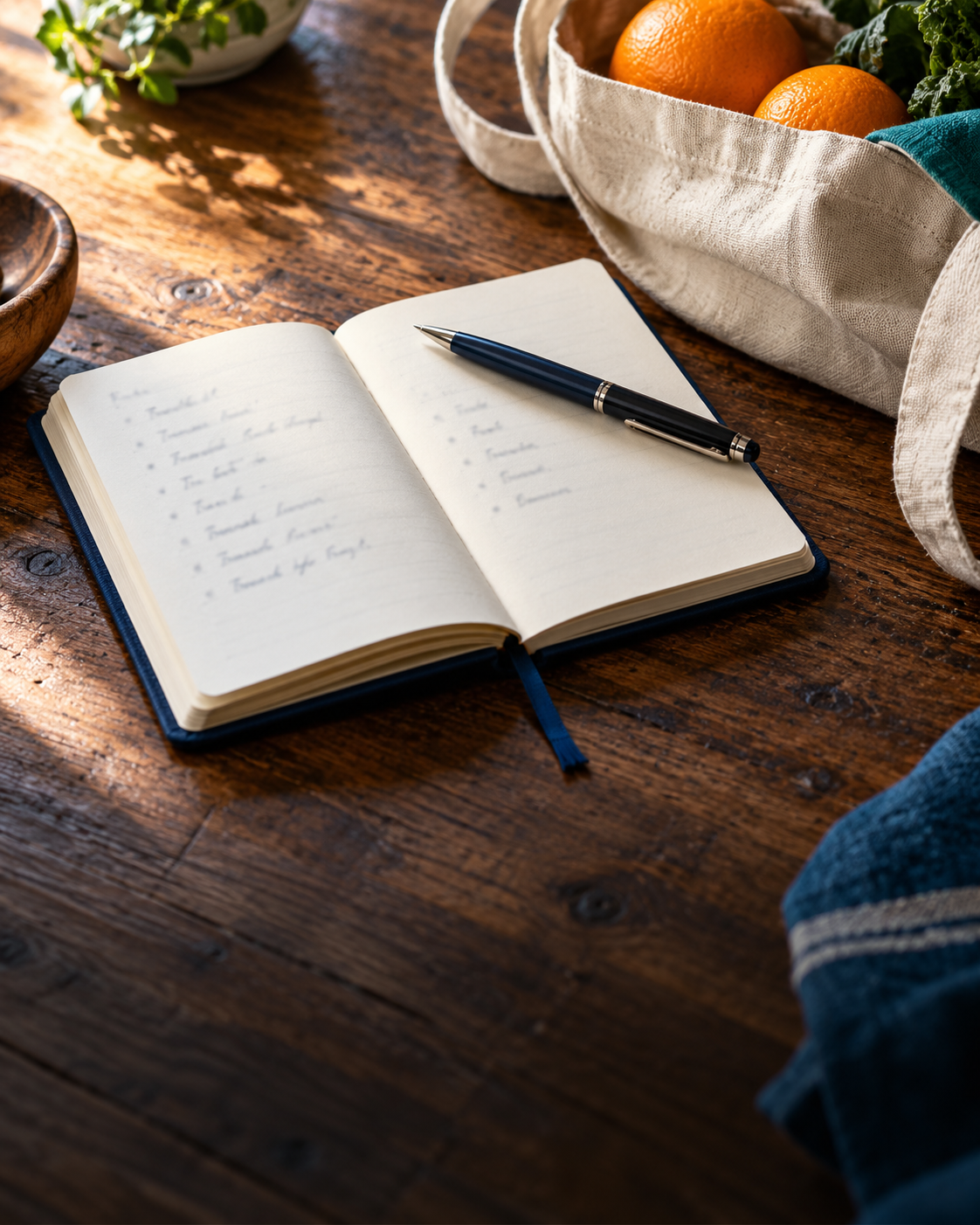 Notebook and pen beside a shopping bag